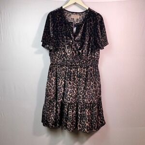 French Connection Womens Black Leopard Velvet Smocked Tiered Mini Dress Large